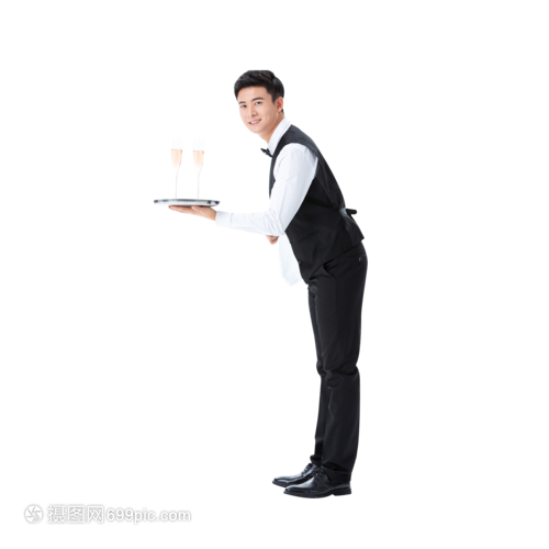 手捧香槟杯的男性服务员 餐饮服务中的优雅象征
